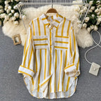2026 Summer, Spring and Autumn New Mid-Length Vertical Striped Multi-Color Shirt Jacket for Women, Korean Style Casual Loose Top