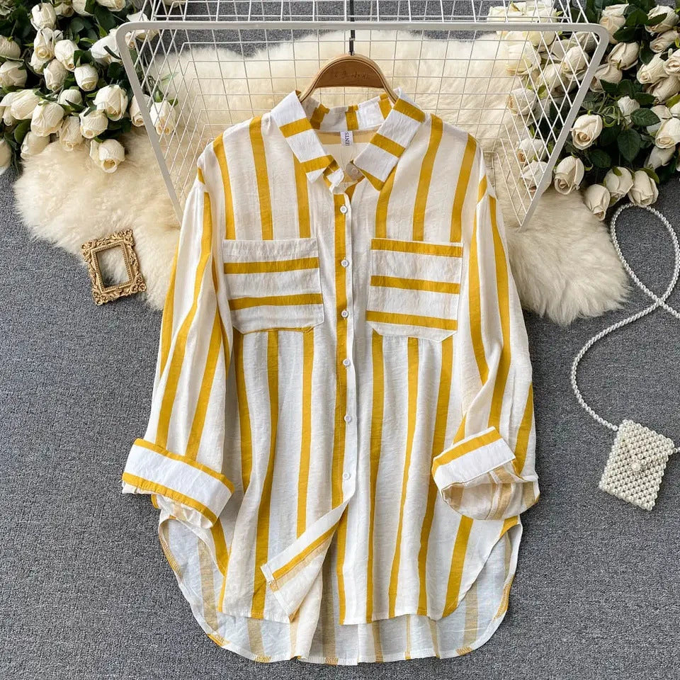 2026 Summer, Spring and Autumn New Mid-Length Vertical Striped Multi-Color Shirt Jacket for Women, Korean Style Casual Loose Top