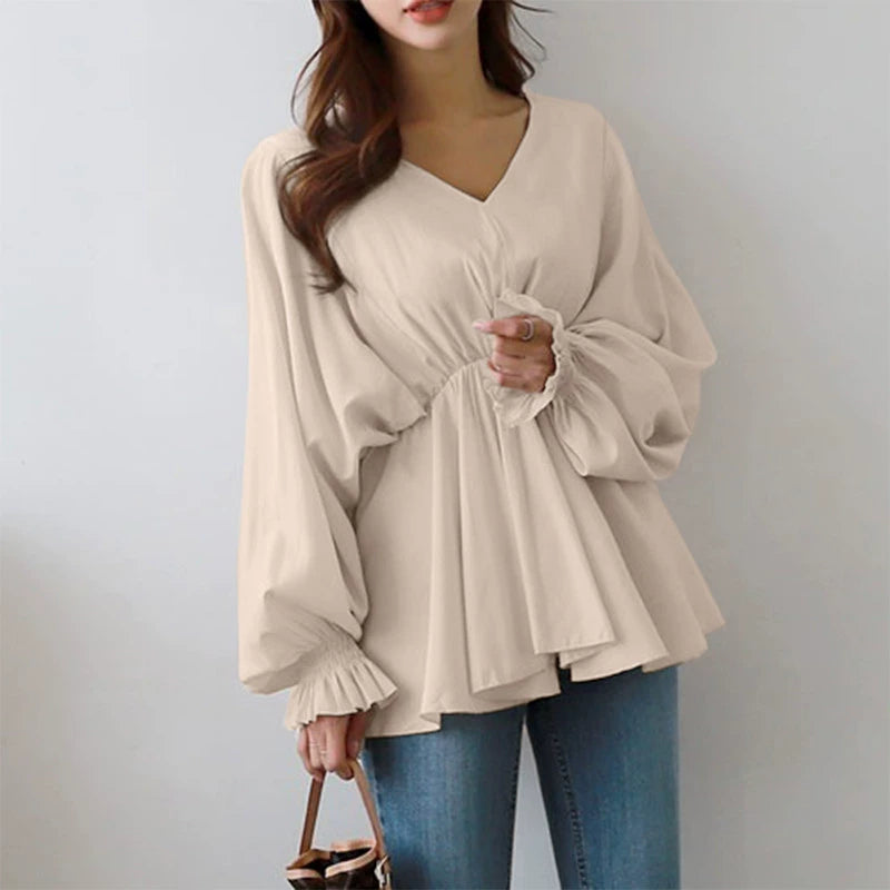 Japanese Style Simple V-neck Drawstring Irregular Autumn Women's Shirt Loose Design Sense Casual Long-sleeved Shirt Women's Fashion