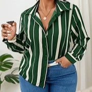 European and American plus size Women's 2025 Spring New V-neck Button Striped Shirt Long Sleeve Blouse