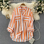 2026 Summer, Spring and Autumn New Mid-Length Vertical Striped Multi-Color Shirt Jacket for Women, Korean Style Casual Loose Top