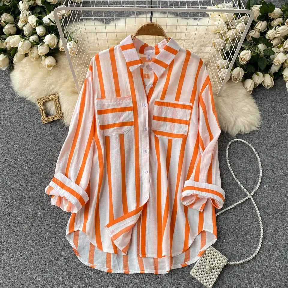 2026 Summer, Spring and Autumn New Mid-Length Vertical Striped Multi-Color Shirt Jacket for Women, Korean Style Casual Loose Top