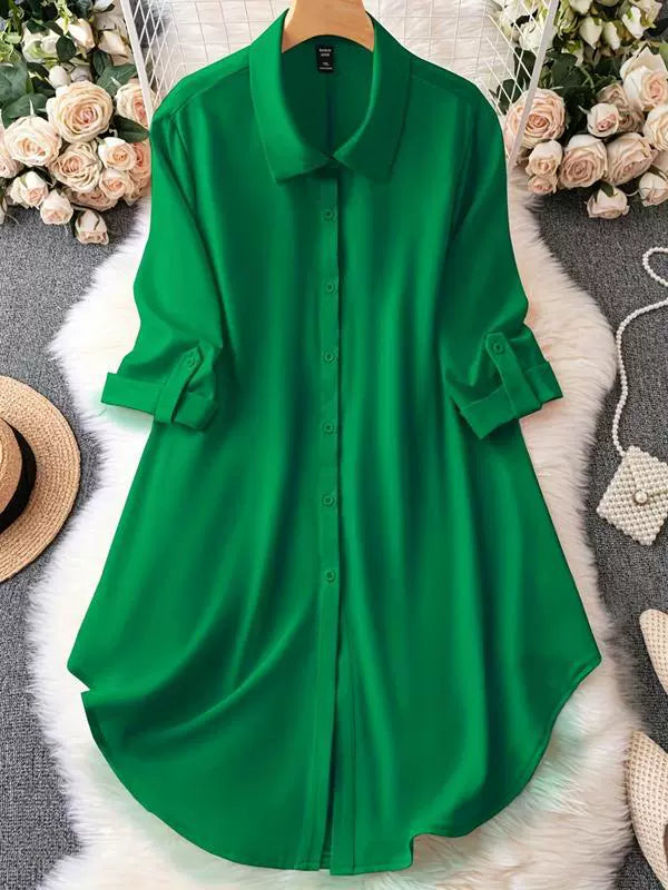 【】2024 Cross-Border New Product Amazon Chiffon Shirt with Five-Quarter Sleeves, Loose Button-Down Mid-Length Shirt with Seven-Quarter Sleeves