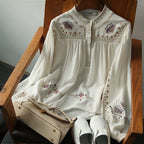 2026 Spring and Autumn New Fashion Versatile Printed Shirt for Women, Stand Collar Bohemian Style Loose Chic Top