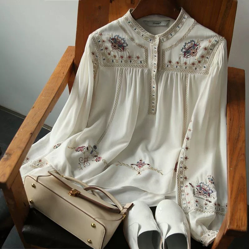 2026 Spring and Autumn New Fashion Versatile Printed Shirt for Women, Stand Collar Bohemian Style Loose Chic Top
