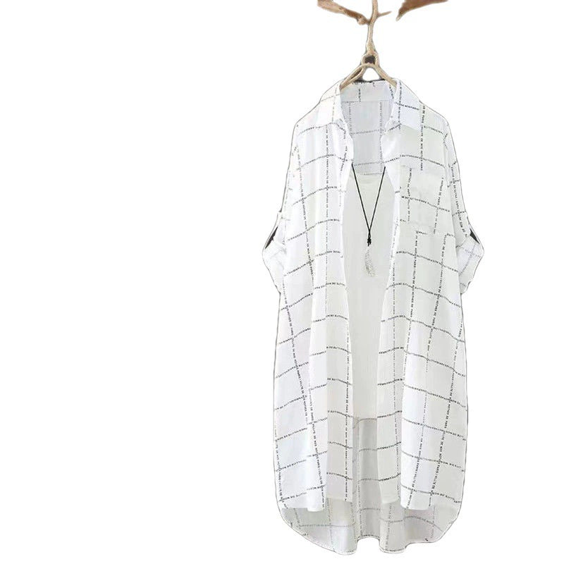 Cross-Border Best-Selling Long-Sleeved Shirt for Women, Mid-Length Sun Protection Clothing, Summer Wear, Letter Plaid Print, Thin Cardigan, Versatile Outerwear