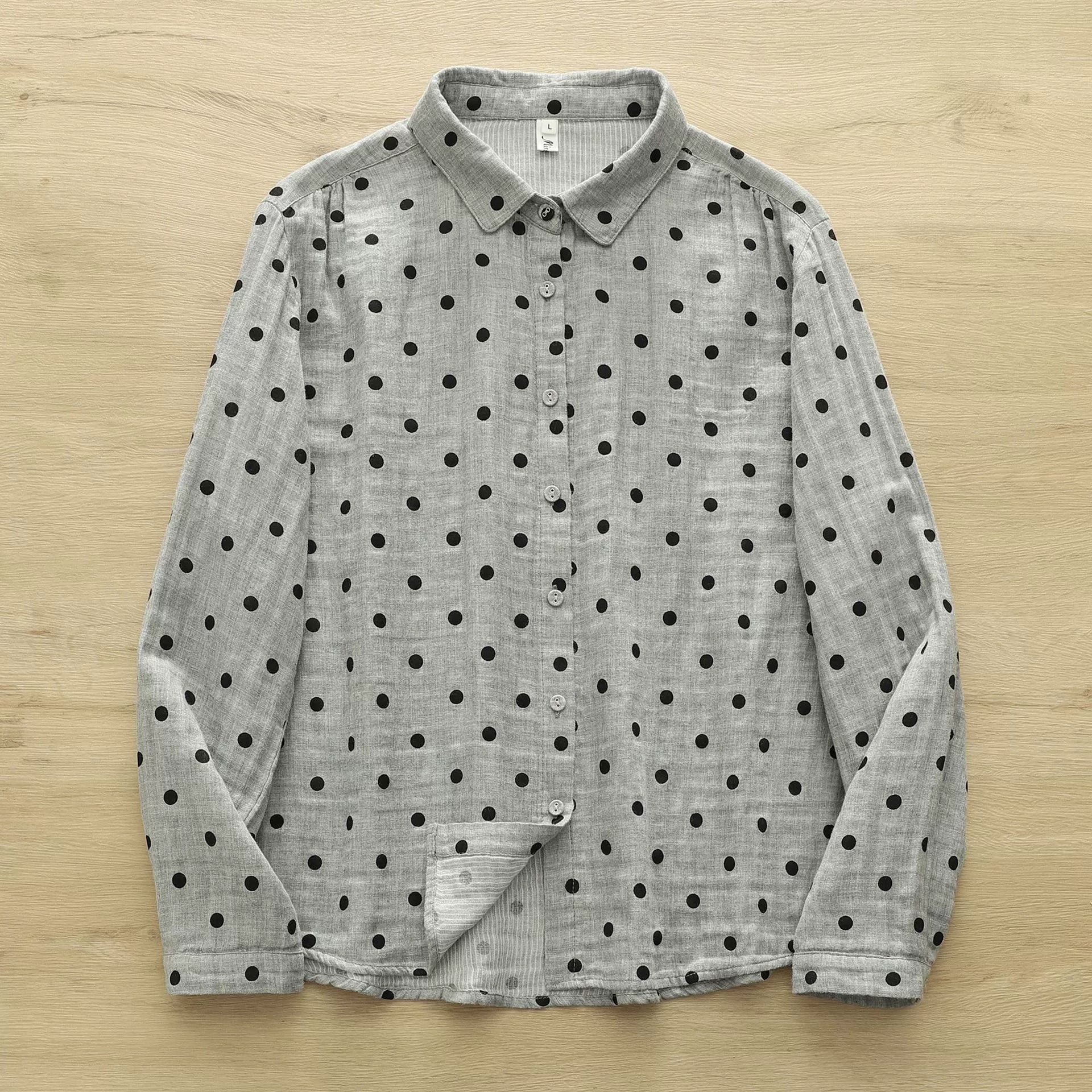 Factory Direct Sale Japanese Retro Polka Dot Print Artistic All-Cotton Double-Layer Gauze Shirt for Women Cotton Gauze Doll Collar Shirt