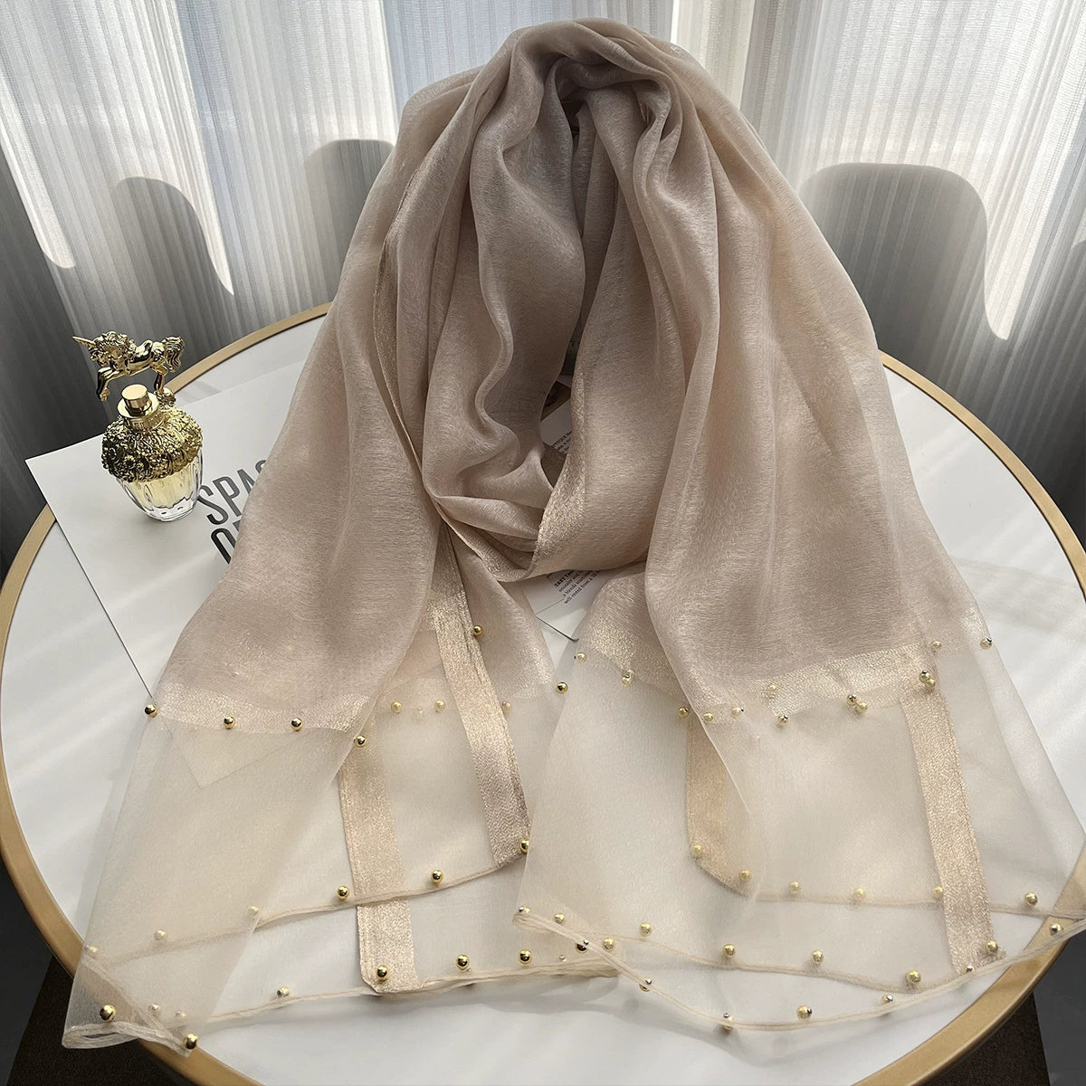 2025 Border Gold Edge Silk Scarf Classic Plaid Beaded Scarf Sunscreen Silk Scarf Gift Box Premium Sense