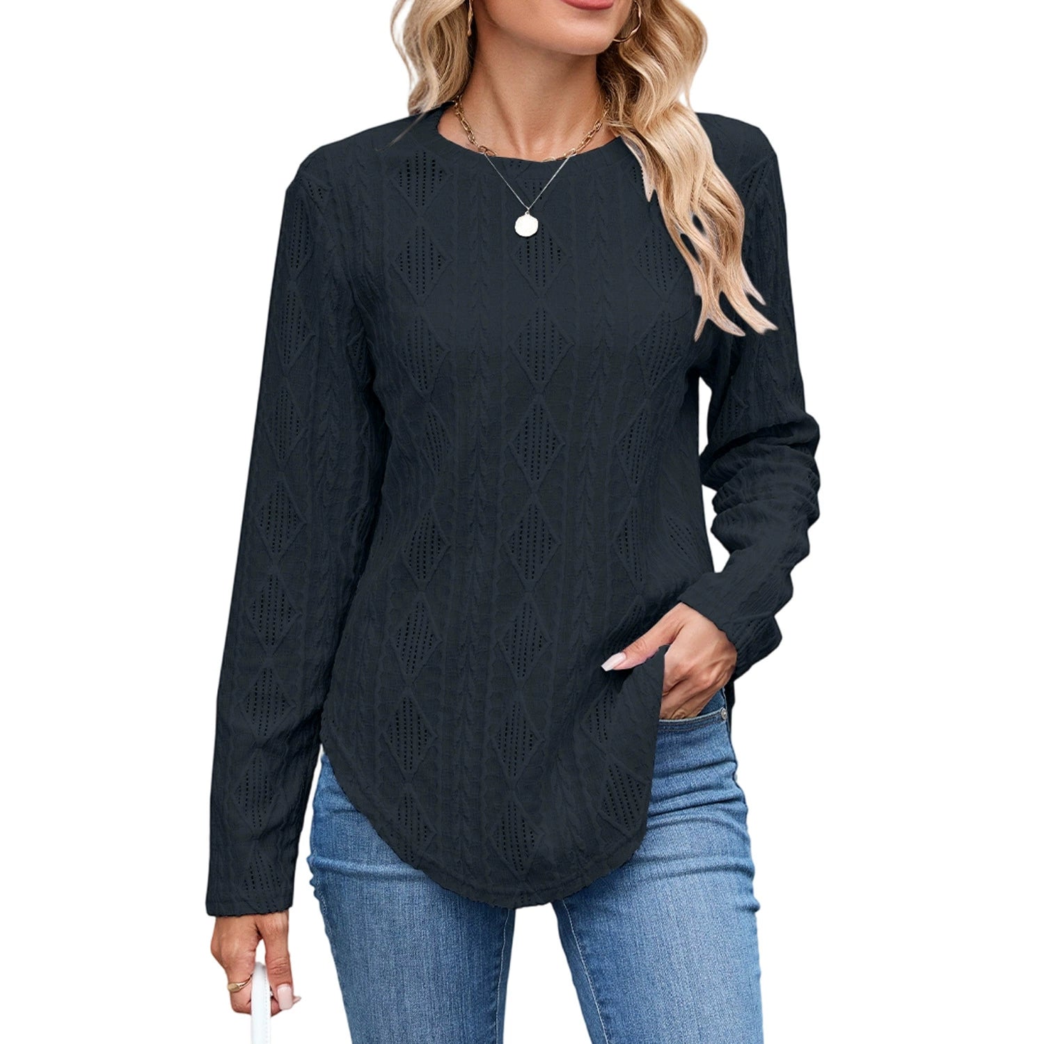 2025 European and American Amazon Autumn and Winter New Casual Round Neck Long-Sleeved Curved Hem T-Shirt Button Cut Out Top for Women