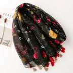 Vintage Ethnic Style Cotton Linen Scarf with Sequins Black Color Flower Handmade Tassel Printed Silk Scarf Shawl