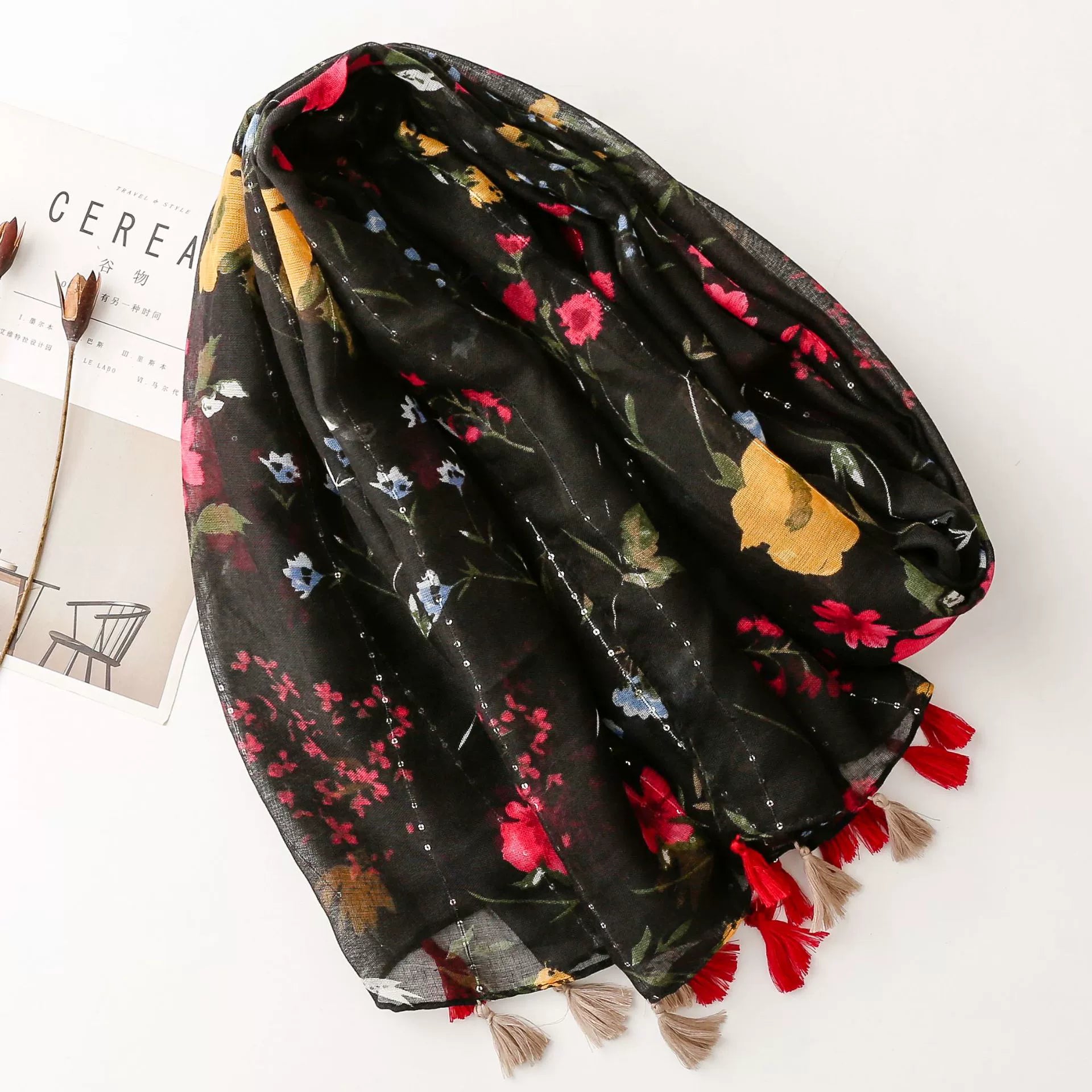 Vintage Ethnic Style Cotton Linen Scarf with Sequins Black Color Flower Handmade Tassel Printed Silk Scarf Shawl