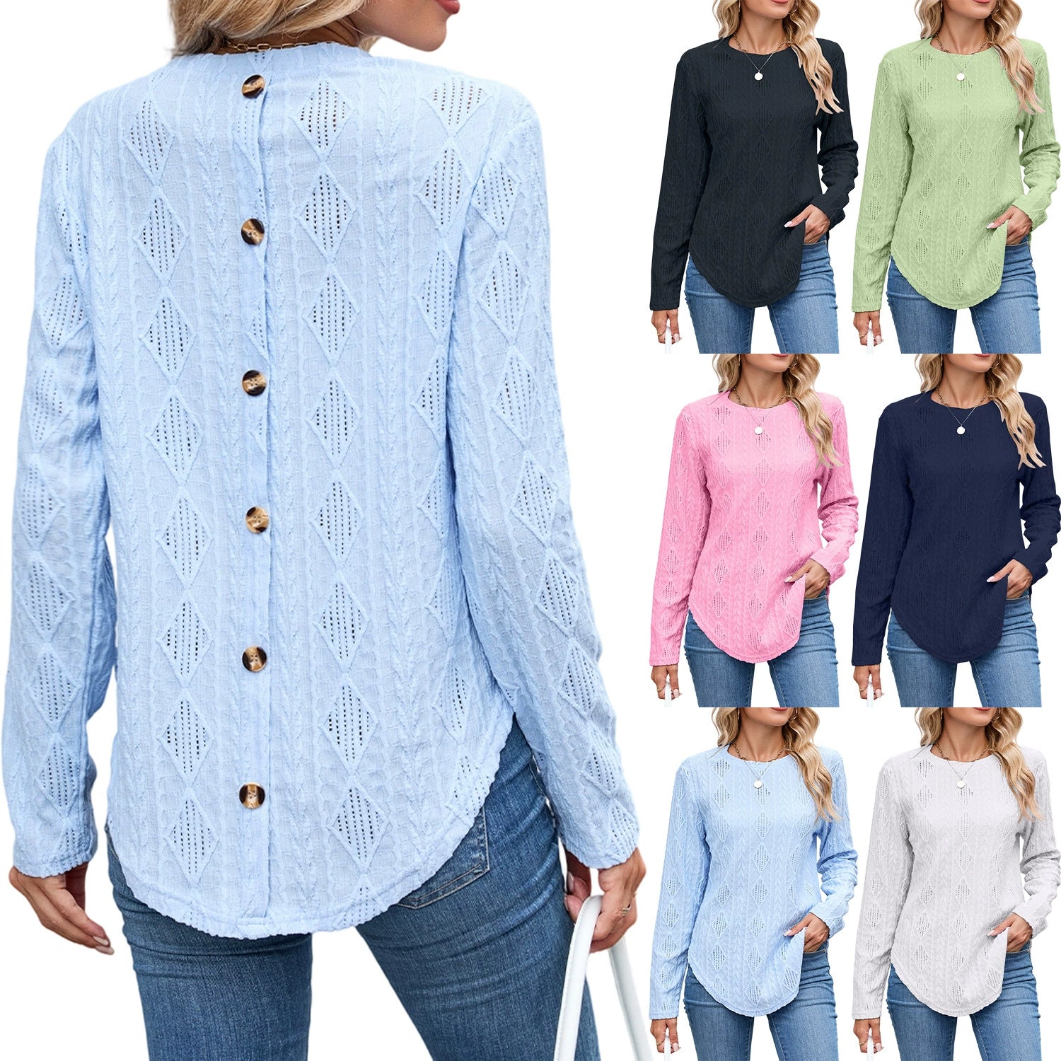 2025 European and American Amazon Autumn and Winter New Casual Round Neck Long-Sleeved Curved Hem T-Shirt Button Cut Out Top for Women