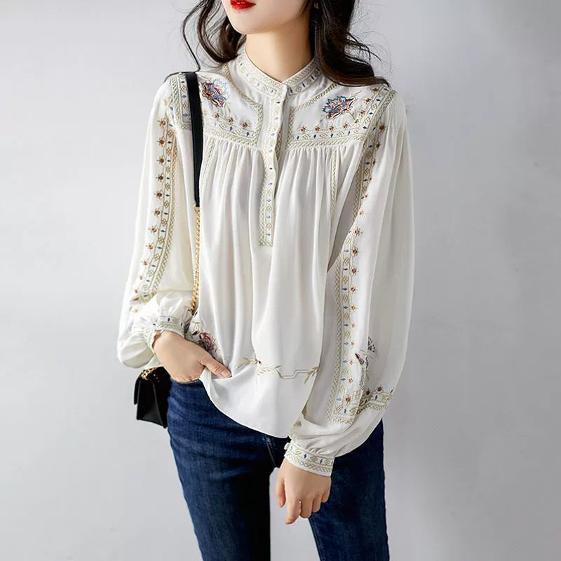 2026 Spring and Autumn New Fashion Versatile Printed Shirt for Women, Stand Collar Bohemian Style Loose Chic Top