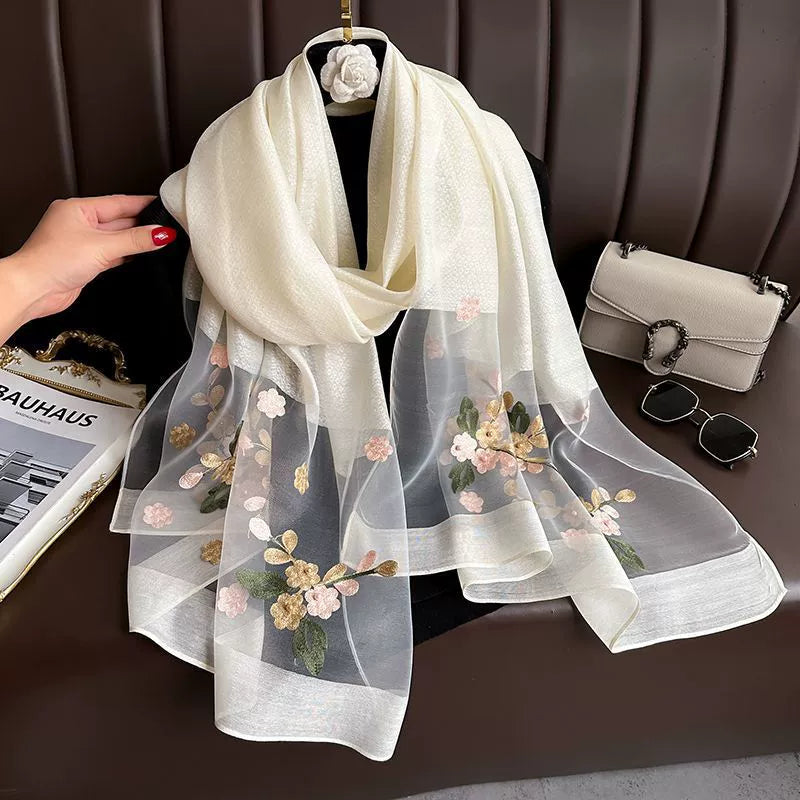 Spring and Autumn New Beaded Imitation Silk Scarf for Women Elegant and Versatile Embroidered Begonia Flower Long Scarf Summer Sunscreen Gauze Scarf