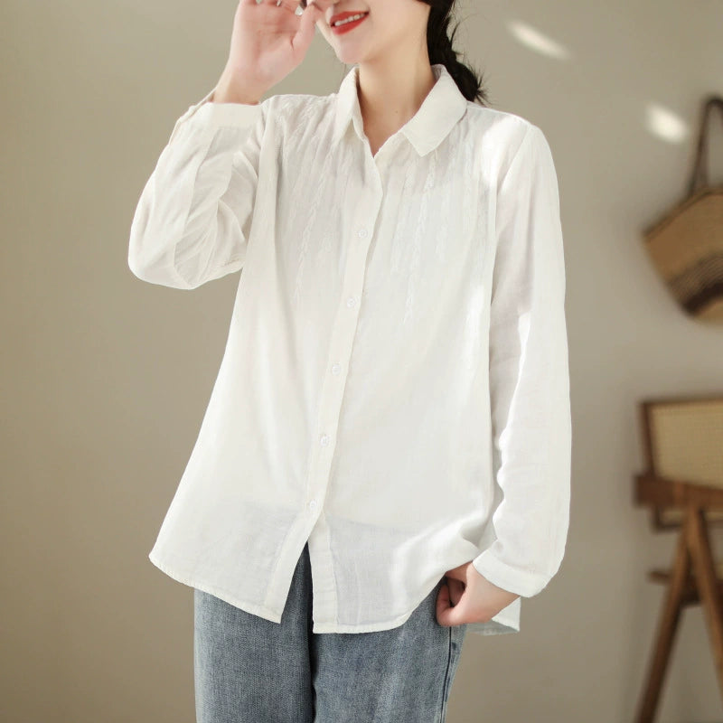 2023 Spring New Loose Ramie Women's Shirt Embroidered Long Sleeve Lapel Design Cotton and Linen Top Thin