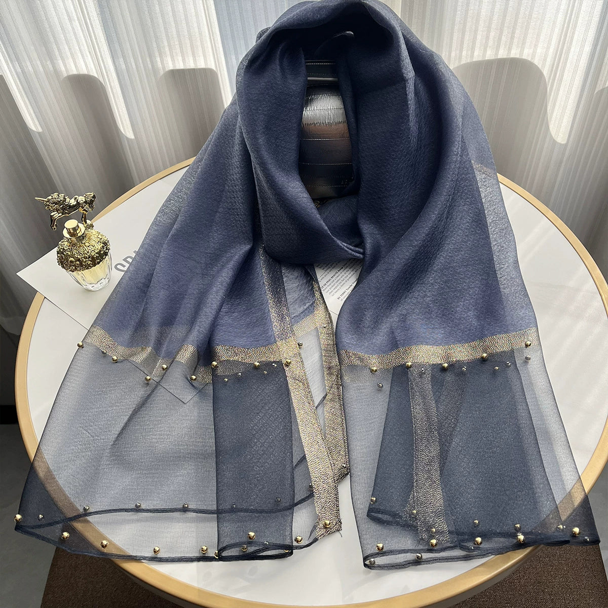 2025 Border Gold Edge Silk Scarf Classic Plaid Beaded Scarf Sunscreen Silk Scarf Gift Box Premium Sense