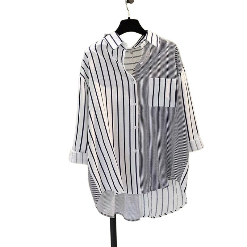 Cotton Linen Single Pocket Color-matching Striped Shirt Women's Spring New Korean Style Artwork Style Loose Casual Shirt Top Trendy