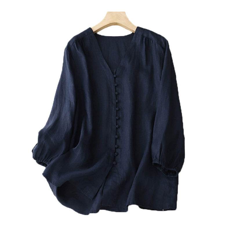 Real Shot of 2025 Summer Versatile Slimming Look Shirt Top Design Niche Women's Linen Unique and Chic Shirt