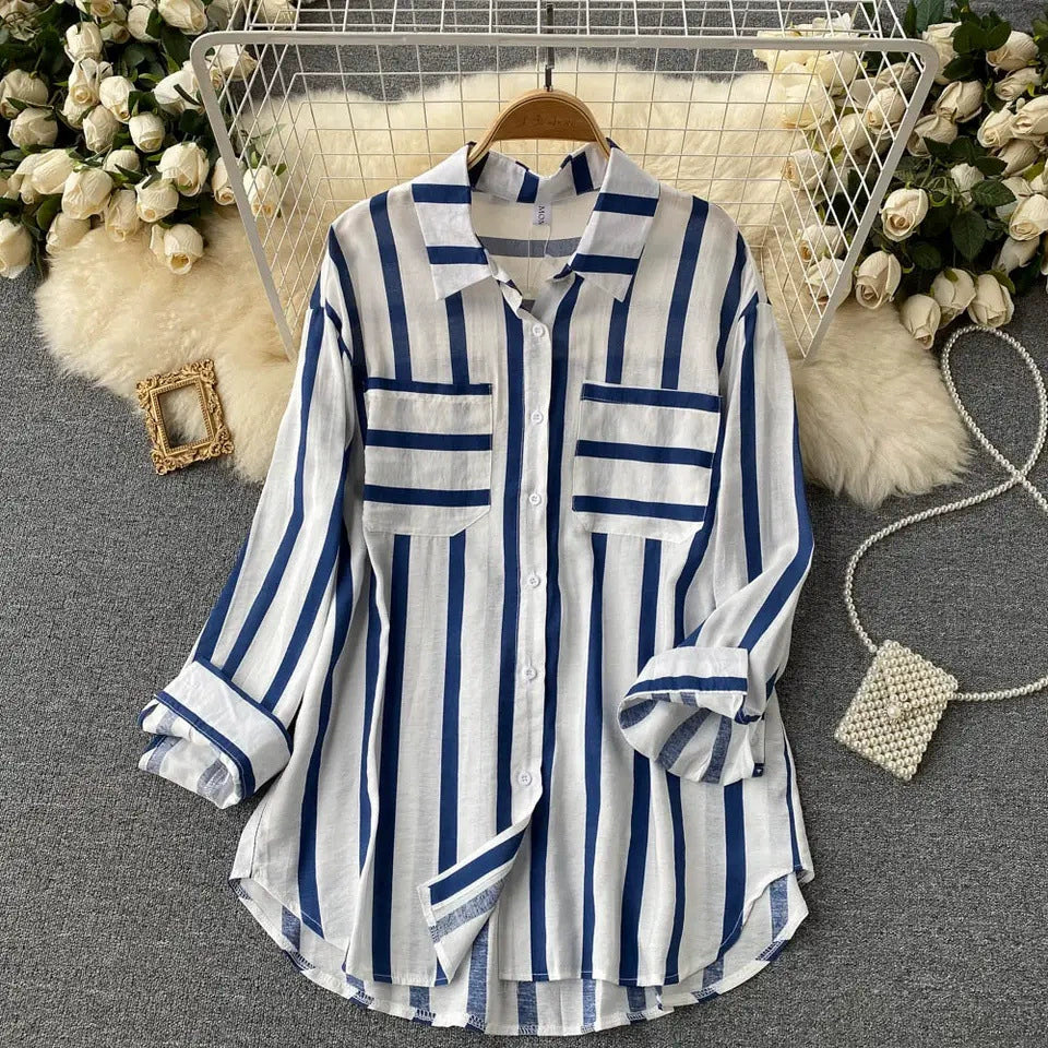 2026 Summer, Spring and Autumn New Mid-Length Vertical Striped Multi-Color Shirt Jacket for Women, Korean Style Casual Loose Top