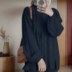 Women's loose solid color lantern sleeve cardigan ruffled round neck solid color all-match top