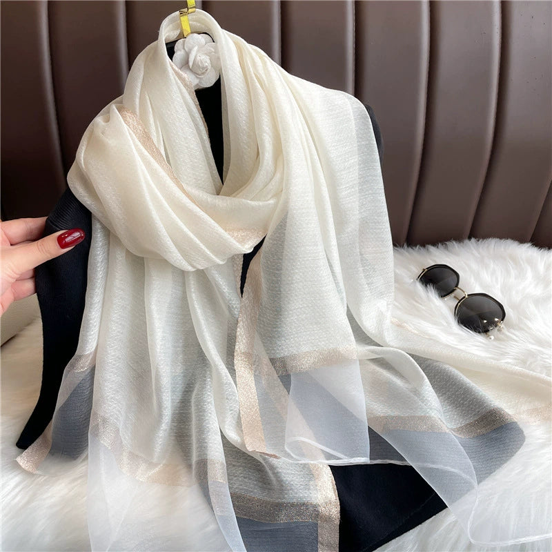 New Korean style solid color all-match silk scarf women's long scarf gold silk sequined silk wool scarf spring and autumn sun protection shawl batch