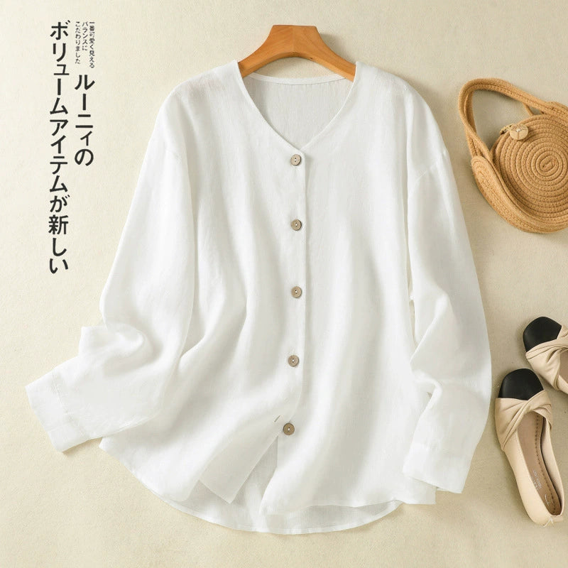 Real shot 2025 Spring New Artistic Loose Solid Color V-neck Long Sleeve Shirt Women's Shirt Top #5859