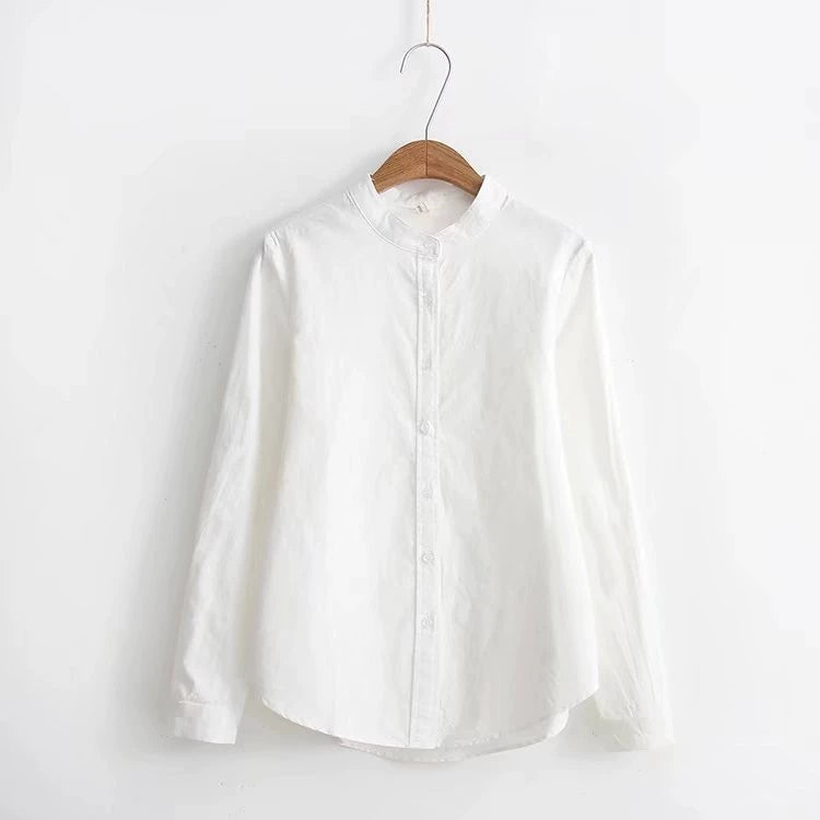 2025 Autumn New Versatile Stand Collar Cotton Shirt for Women, Long Sleeve, Fresh College Style Student Shirt for Layering