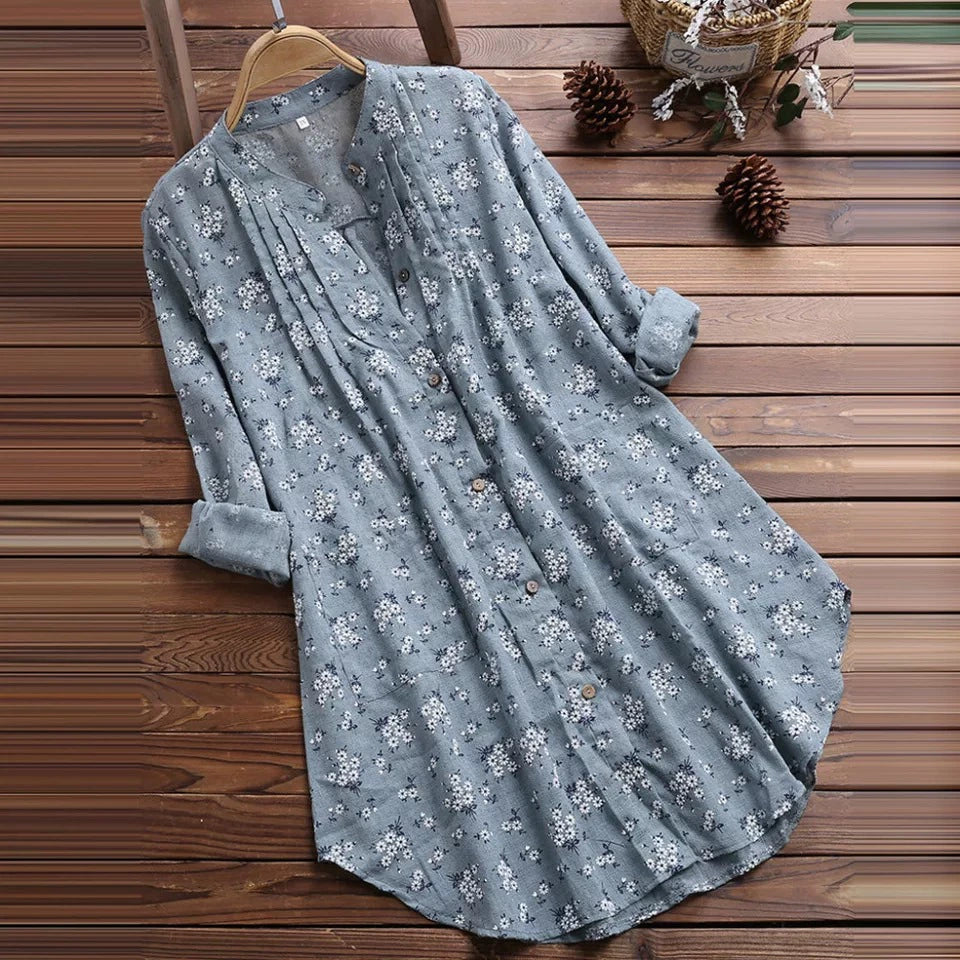 2019 Amazon AliExpress Explosions Women's Shirt New Cotton and Linen Floral Long Loose Shirt