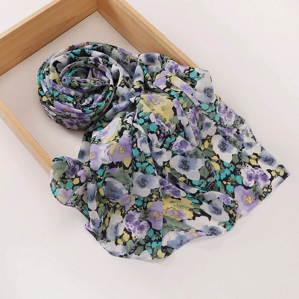 New Malaysian Pearl Chiffon Silk Scarf Rose Print Hijab Hui Turban Gauze Scarf Wholesale