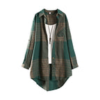 New Cotton and Linen Tops, Retro Spring and Autumn Plaid Shirts for Women, Long Style with Short Front and Long Back Design, Sun Protection Shirts