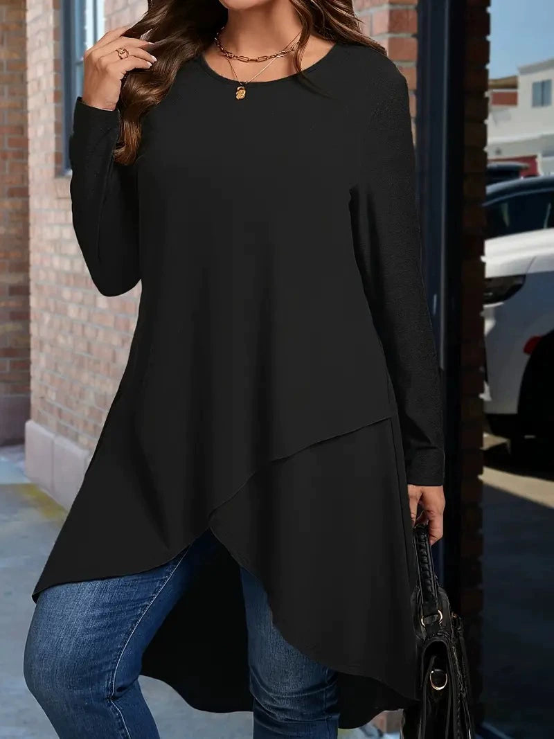 In-Stock Plus-Size 2026 European and American New Style Amazon Asymmetrical Hem Casual Loose Long-Sleeve Solid Color Top