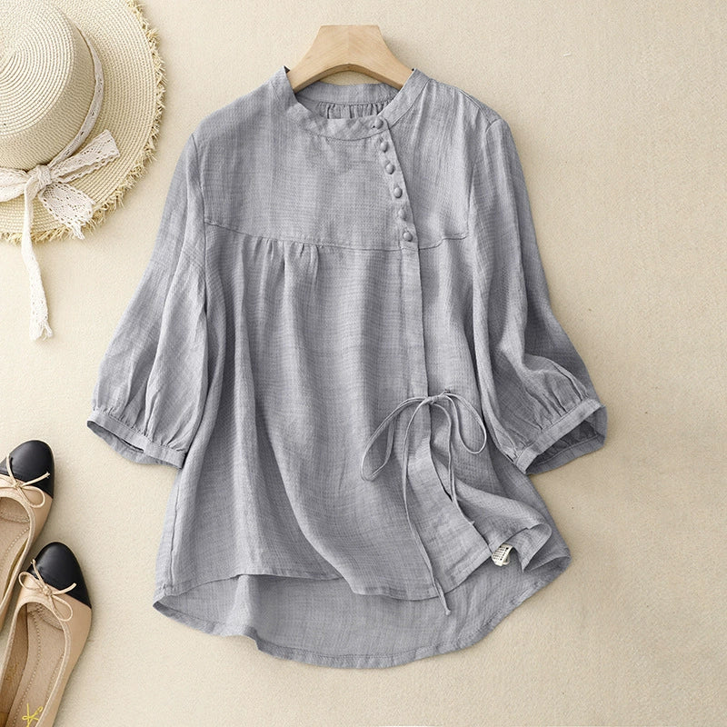 Real Shot of 2025 New French Style Women's Clothing, High-End, Belly-Covering, Slimming Look Top, Puff-Sleeved Cotton and Linen Shirt, Summer