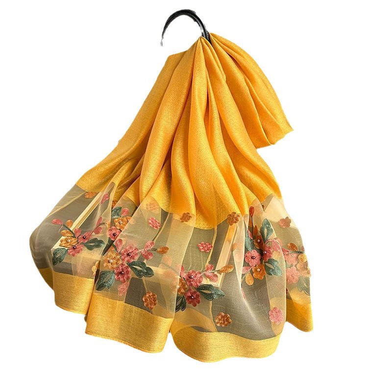 Spring and Autumn New Beaded Imitation Silk Scarf for Women Elegant and Versatile Embroidered Begonia Flower Long Scarf Summer Sunscreen Gauze Scarf