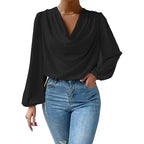 2025 Cross-Border Wish New European and American Summer Chiffon Long-Sleeved Shirt Loose Draped V-Neck Top T-Shirt Women's Clothing