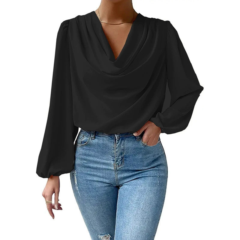 2025 Cross-Border Wish New European and American Summer Chiffon Long-Sleeved Shirt Loose Draped V-Neck Top T-Shirt Women's Clothing