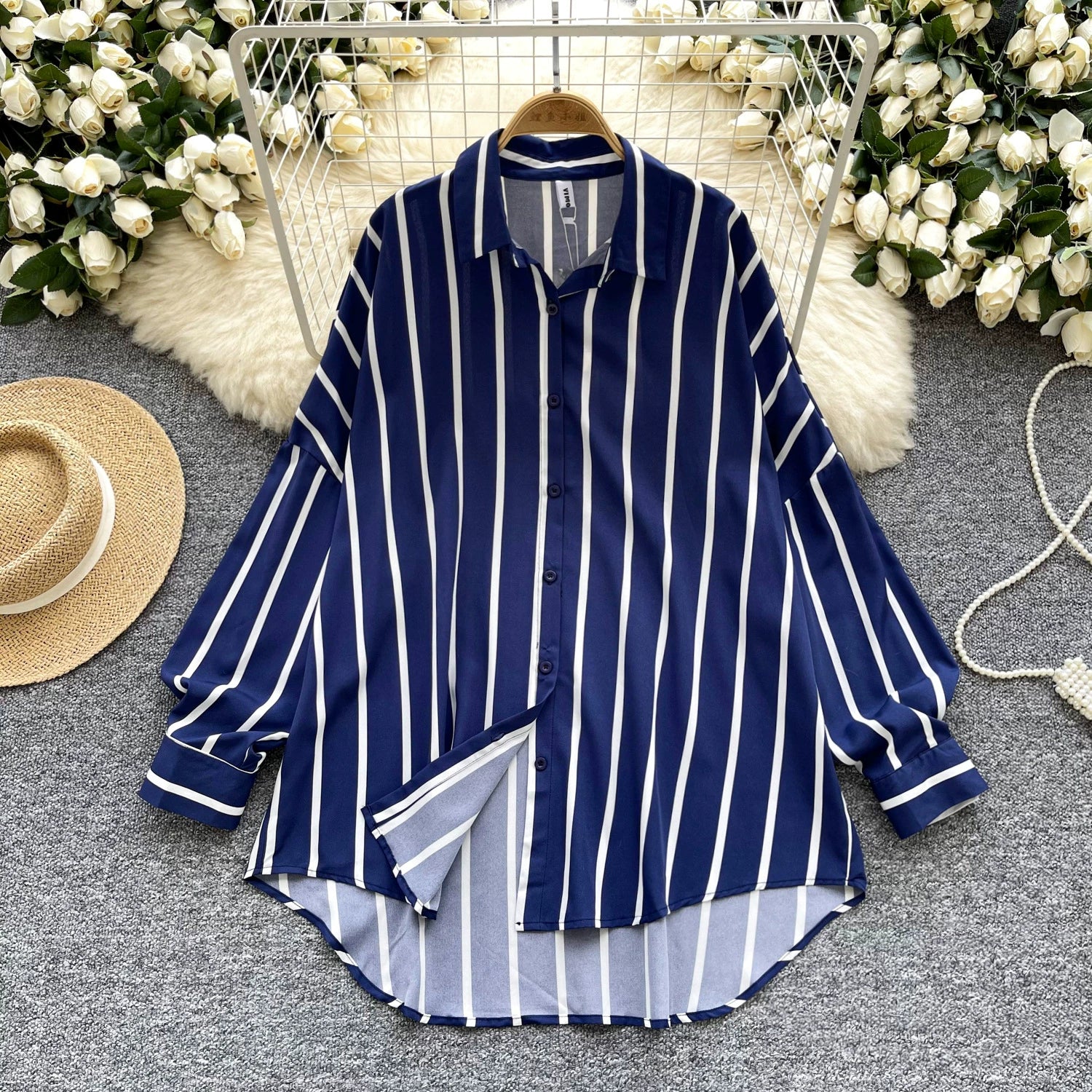 Women's Long-Sleeved Striped Shirt, New Autumn Style, European and American Style, Casual, Versatile, Loose Fit, Slimming, Mid-Length, Plus Size Shirt, Trendy
