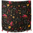 Vintage Ethnic Style Cotton Linen Scarf with Sequins Black Color Flower Handmade Tassel Printed Silk Scarf Shawl