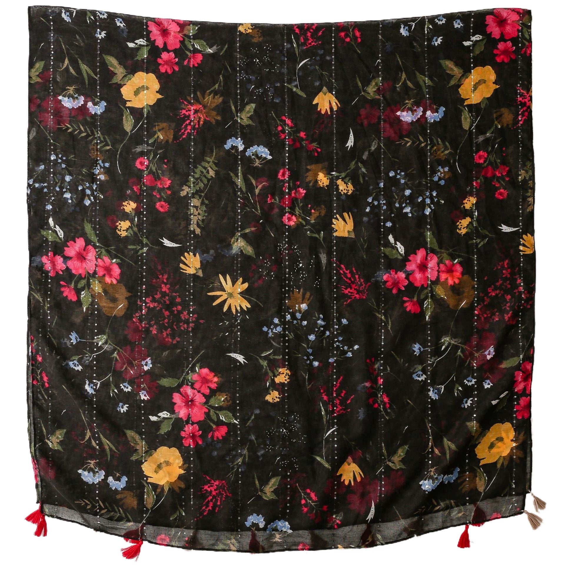 Vintage Ethnic Style Cotton Linen Scarf with Sequins Black Color Flower Handmade Tassel Printed Silk Scarf Shawl
