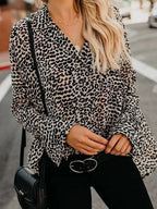European and American cross-border new women's V-neck leopard print front pocket back pleated button long sleeve fashion casual shirt