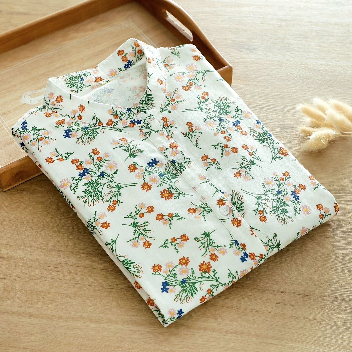 Double-Layer Cotton Gauze Stand-Up Collar Shirt for Women, Long-Sleeved, Retro Literary Style, Soft and Skin-Friendly, Pure Cotton, Unique French Floral Top