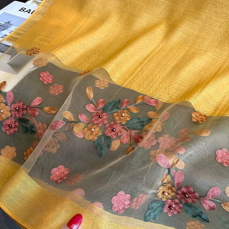 Spring and Autumn New Beaded Imitation Silk Scarf for Women Elegant and Versatile Embroidered Begonia Flower Long Scarf Summer Sunscreen Gauze Scarf