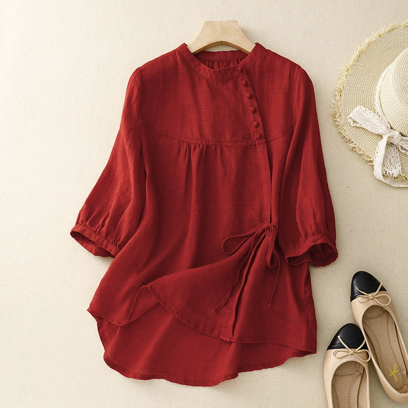 Real Shot of 2025 New French Style Women's Clothing, High-End, Belly-Covering, Slimming Look Top, Puff-Sleeved Cotton and Linen Shirt, Summer