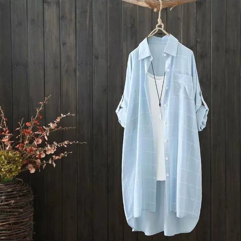 Cross-Border Best-Selling Long-Sleeved Shirt for Women, Mid-Length Sun Protection Clothing, Summer Wear, Letter Plaid Print, Thin Cardigan, Versatile Outerwear