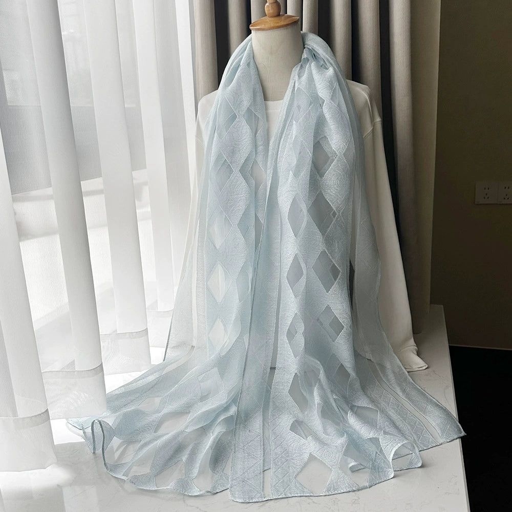 Foreign Trade Cut Flower Scarf for Women, Korean Style Rhombus Imitation Silk Sunscreen Scarf, Thin Women's Headscarf
