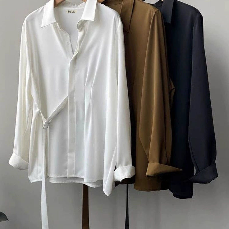 Draped Shirt Women's Long-sleeved Design Niche 2024 Autumn Loose Casual Lace-up French Top