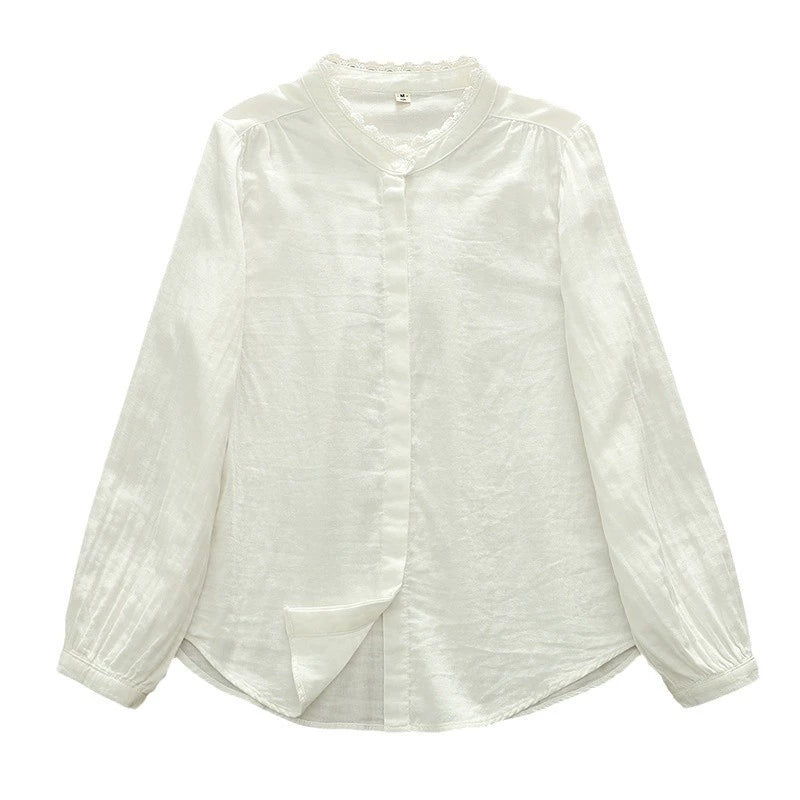 Spring Cotton Long-sleeved Shirt with Ledge Collar for Women Japanese Mori Style Simple Single-breasted Solid Color Comfortable All-match Top