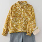 Real Shot Cotton Linen Linen Floral Shirt Joker Good Quality Autumn New Artistic 2024 French Yellow Printed Shirt