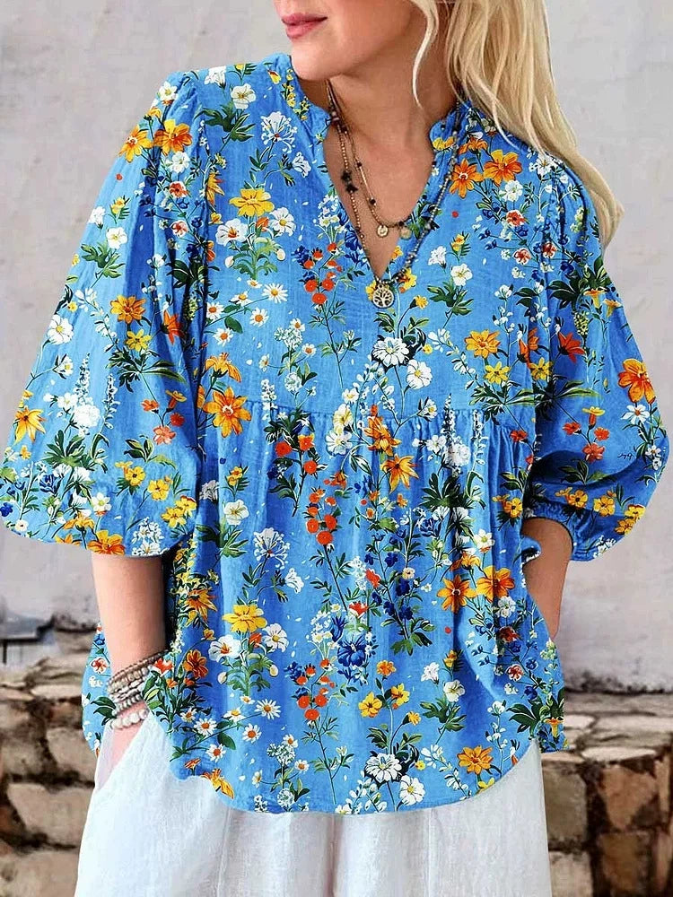 2025 New European and American Fashion Shirts Independent Station Hot Selling V Neck Flower Print Puff Sleeve Women's Shirts