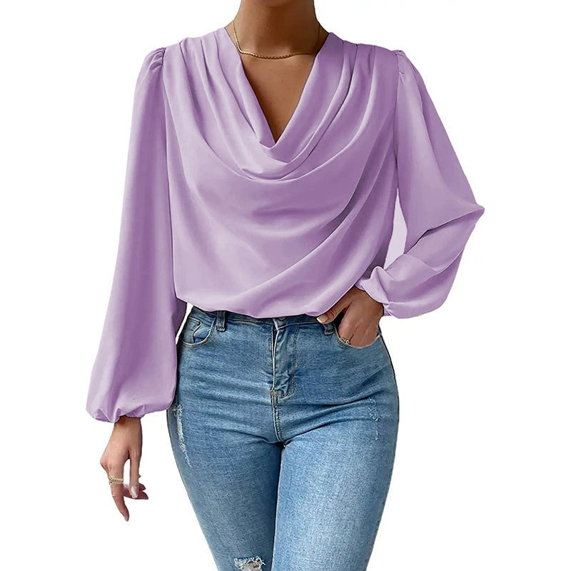 2025 Cross-Border Wish New European and American Summer Chiffon Long-Sleeved Shirt Loose Draped V-Neck Top T-Shirt Women's Clothing