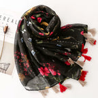 Vintage Ethnic Style Cotton Linen Scarf with Sequins Black Color Flower Handmade Tassel Printed Silk Scarf Shawl
